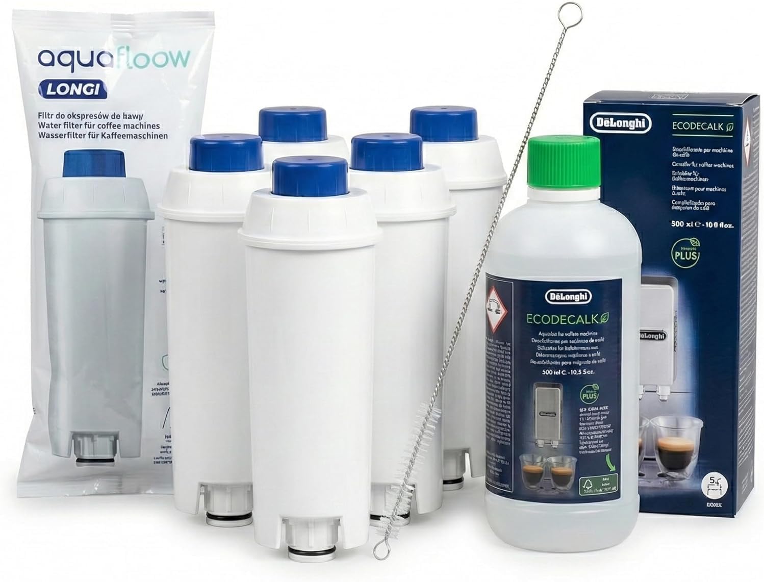 Aquafloow 5x Filtre à eau compatible avec DeLonghi DLSC002 & Détartrant EcoDecalk (500ml) – Kit d'entretien pour machine à café