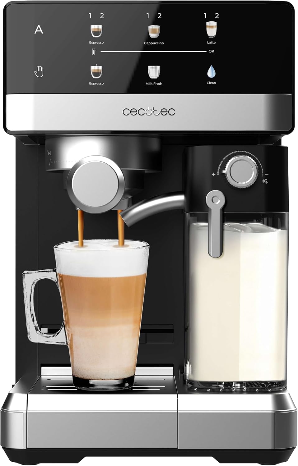 Cecotec Machine à Café Expresso Semi-automatique Tactile avec Réservoir de Lait Power Espresso 20 Touch & Cream. 1350W