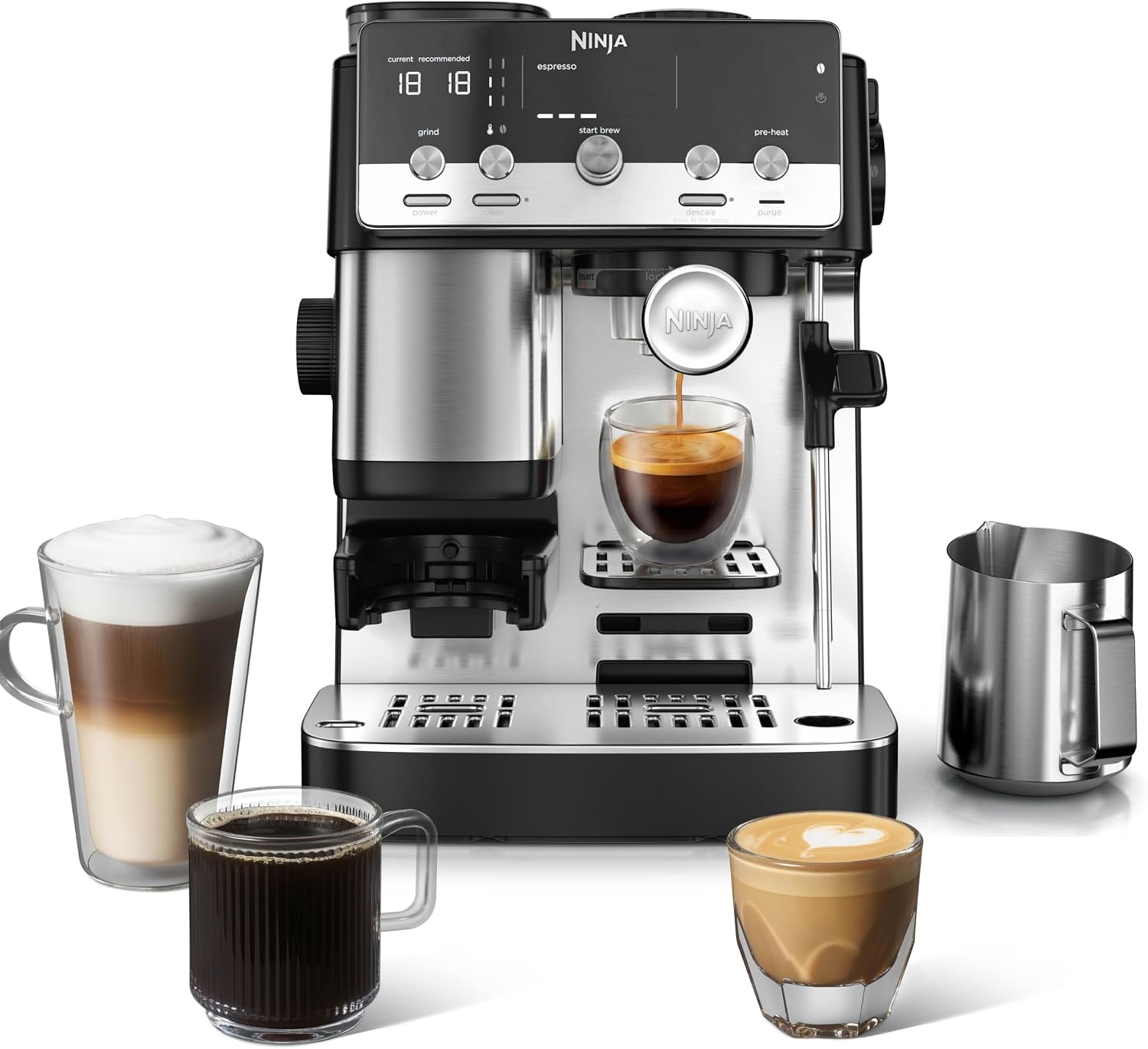 Ninja Luxe Café Mini 2-en-1, Machine à café filtre et expresso avec broyeur à grains intégré et mousseur manuel
